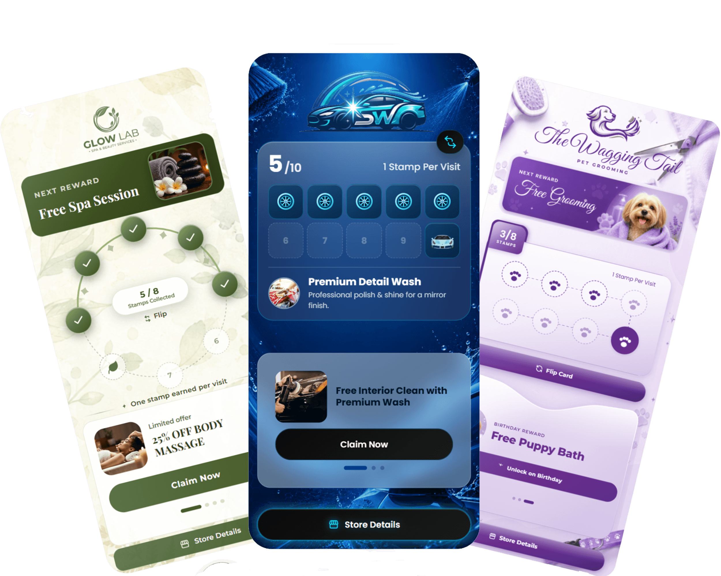 Three Perkzio digital loyalty cards for spa, car wash, and pet grooming